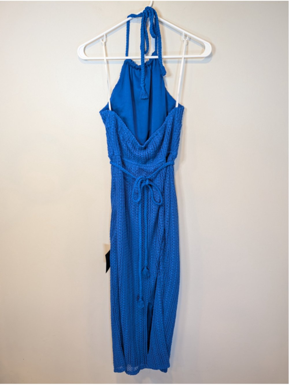 Lulus Sunny Impression Blue Crochet Halter Midi Dress Removable Belt NWT Small - Picture 6 of 10